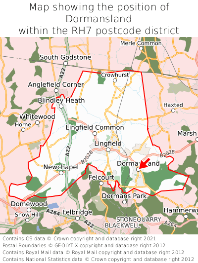 Map showing location of Dormansland within RH7