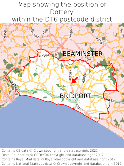 Map showing location of Dottery within DT6