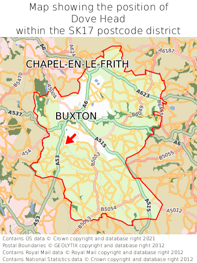 Map showing location of Dove Head within SK17