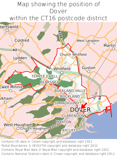 Map showing location of Dover within CT16
