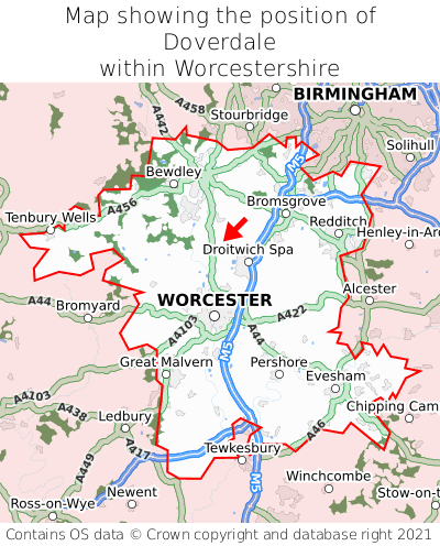 Map showing location of Doverdale within Worcestershire
