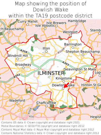 Map showing location of Dowlish Wake within TA19