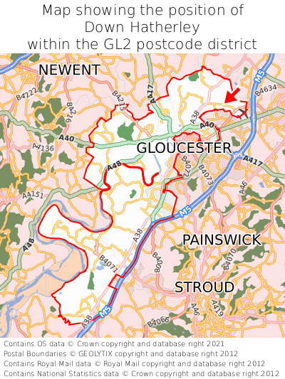 Map showing location of Down Hatherley within GL2
