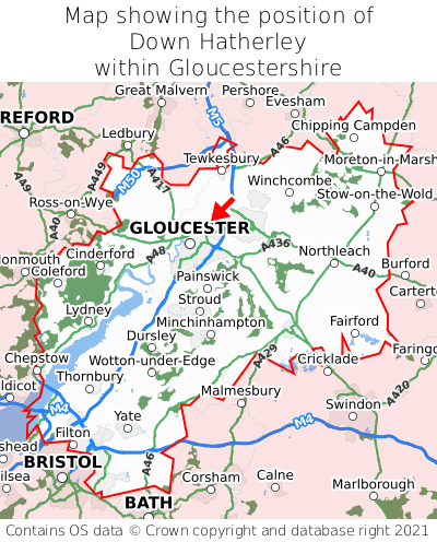 Map showing location of Down Hatherley within Gloucestershire