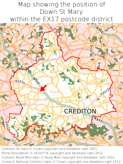 Map showing location of Down St Mary within EX17