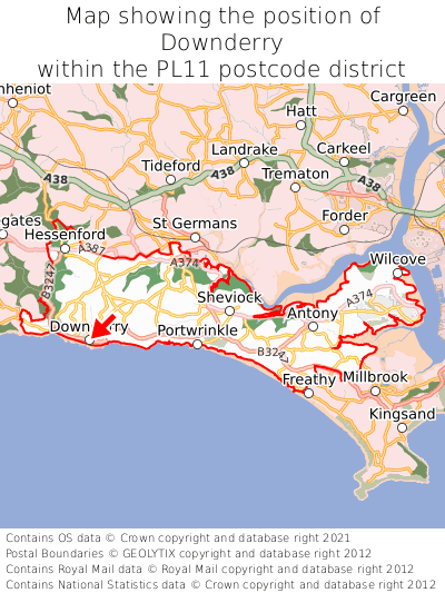 Map showing location of Downderry within PL11