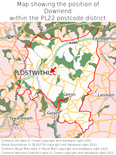 Map showing location of Downend within PL22