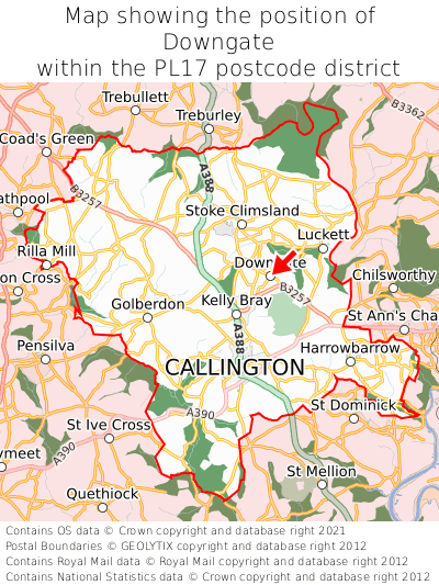 Map showing location of Downgate within PL17