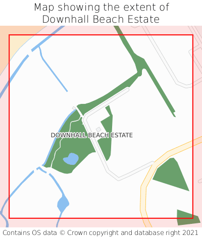 Map showing extent of Downhall Beach Estate as bounding box