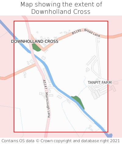 Map showing extent of Downholland Cross as bounding box
