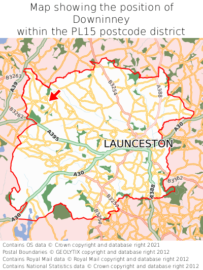 Map showing location of Downinney within PL15