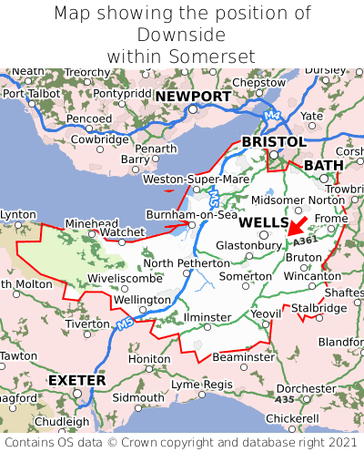 Map showing location of Downside within Somerset