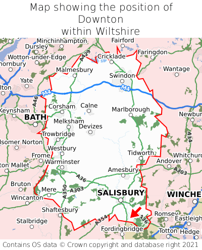Map showing location of Downton within Wiltshire