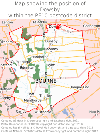 Map showing location of Dowsby within PE10