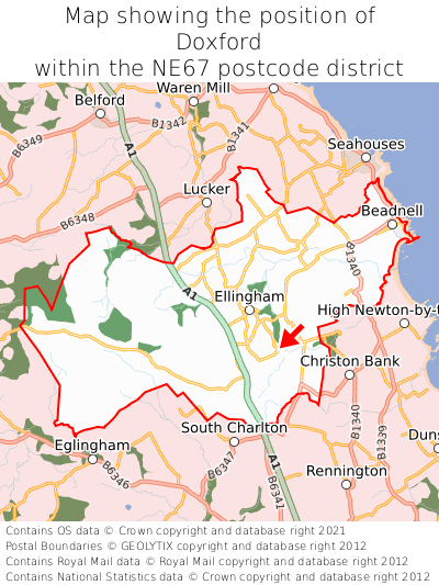 Map showing location of Doxford within NE67