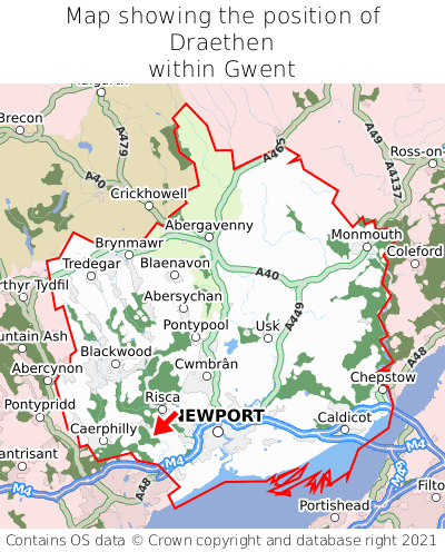 Map showing location of Draethen within Gwent