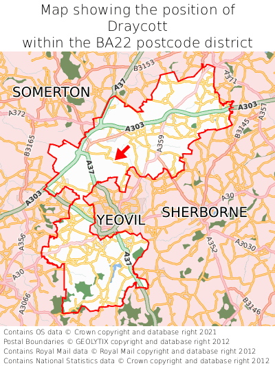 Map showing location of Draycott within BA22