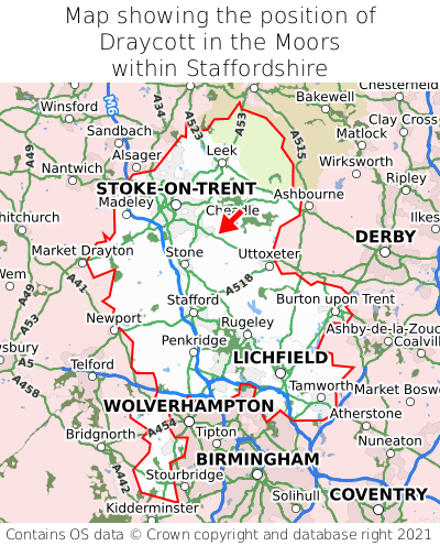 Map showing location of Draycott in the Moors within Staffordshire