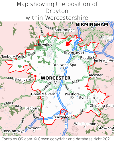Map showing location of Drayton within Worcestershire
