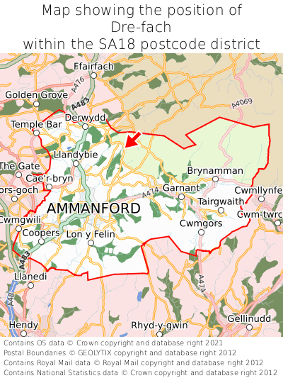 Map showing location of Dre-fach within SA18