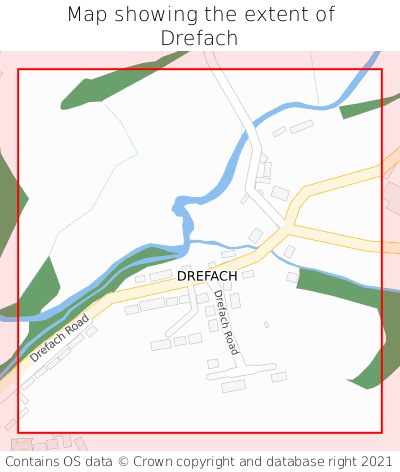 Map showing extent of Drefach as bounding box