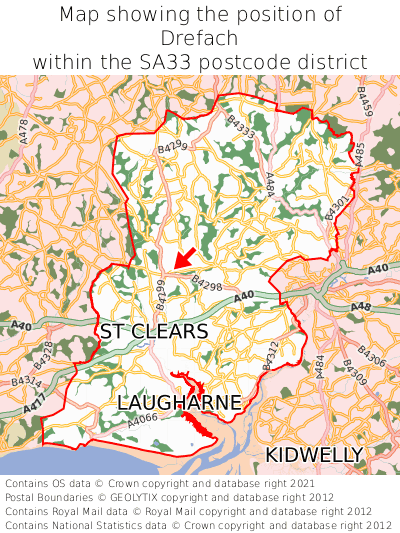 Map showing location of Drefach within SA33