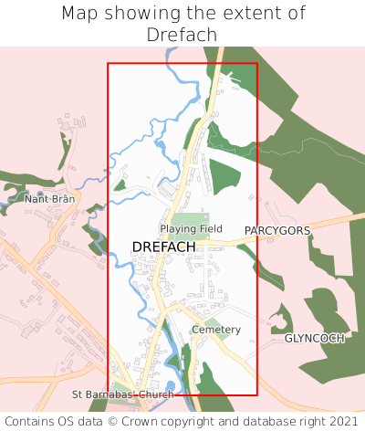 Map showing extent of Drefach as bounding box