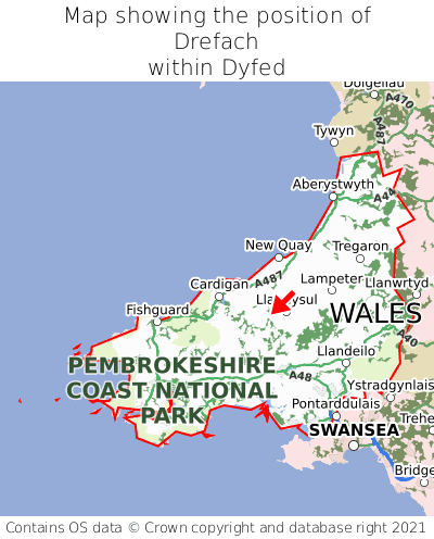 Map showing location of Drefach within Dyfed