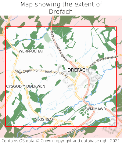 Map showing extent of Drefach as bounding box