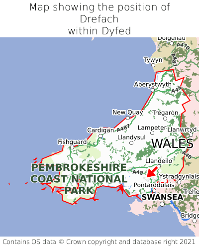 Map showing location of Drefach within Dyfed
