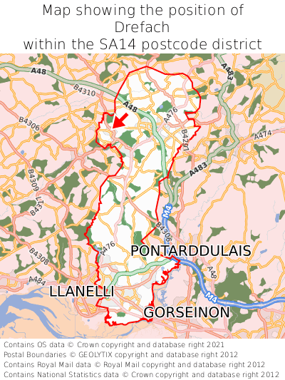 Map showing location of Drefach within SA14