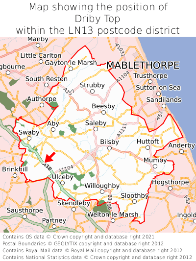 Map showing location of Driby Top within LN13