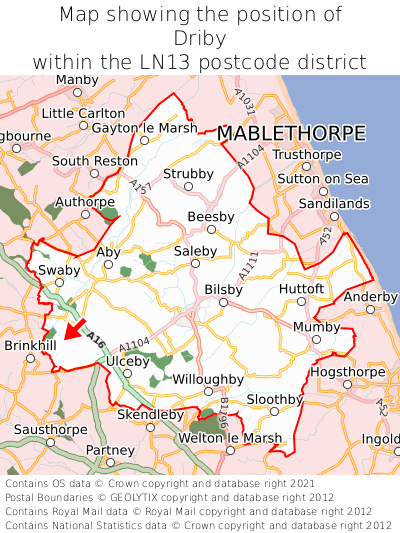 Map showing location of Driby within LN13