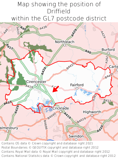 Map showing location of Driffield within GL7
