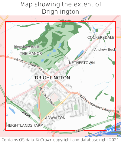 Map showing extent of Drighlington as bounding box