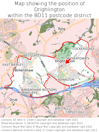 Map showing location of Drighlington within BD11