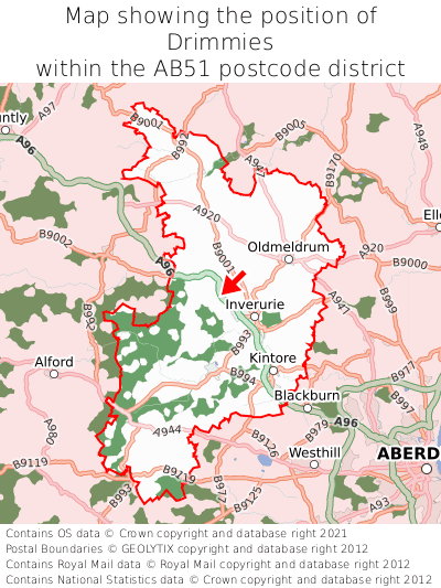 Map showing location of Drimmies within AB51