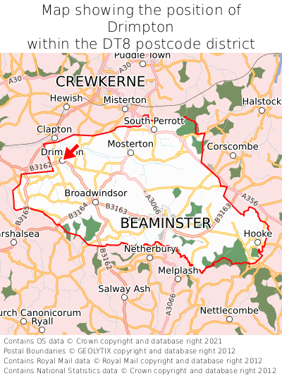 Map showing location of Drimpton within DT8