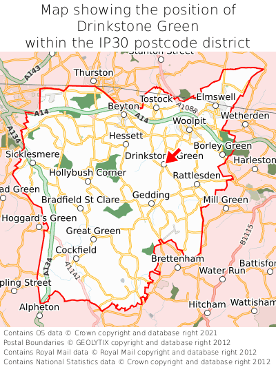 Map showing location of Drinkstone Green within IP30