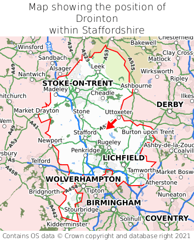 Map showing location of Drointon within Staffordshire