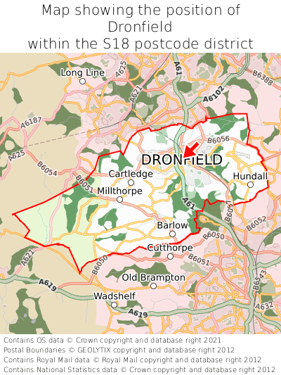 Map showing location of Dronfield within S18