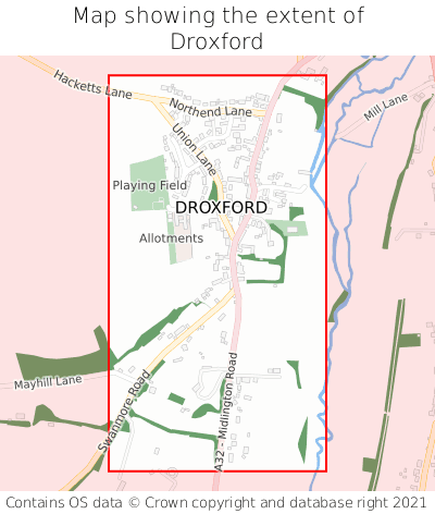 Map showing extent of Droxford as bounding box
