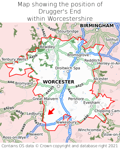 Map showing location of Drugger's End within Worcestershire