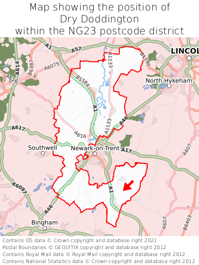 Map showing location of Dry Doddington within NG23