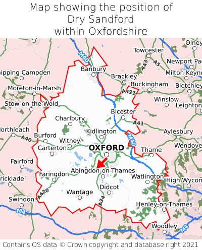 Map showing location of Dry Sandford within Oxfordshire