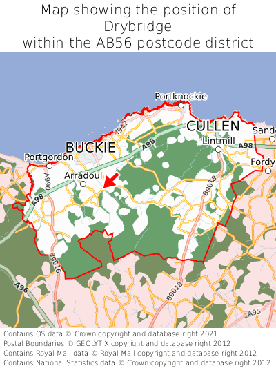 Map showing location of Drybridge within AB56