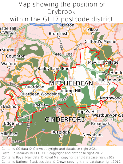 Map showing location of Drybrook within GL17