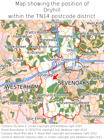 Map showing location of Dryhill within TN14