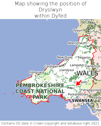 Map showing location of Dryslwyn within Dyfed