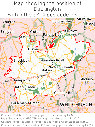 Map showing location of Duckington within SY14